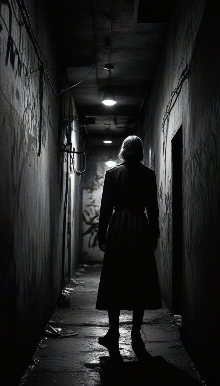 Dark Surrealist Graffiti: Twisted Figure in Dim Alleyway