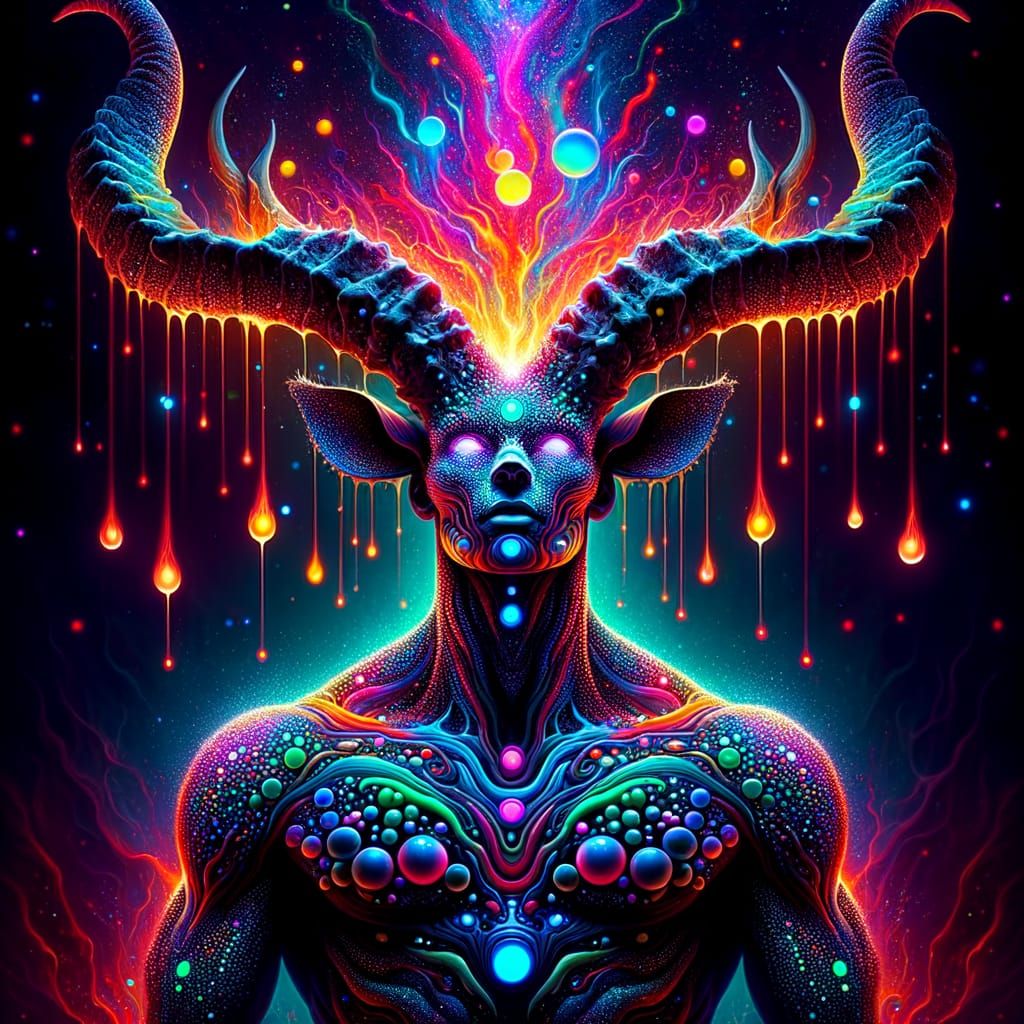 Intimidating War Deity with Iridescent Antelope Horns