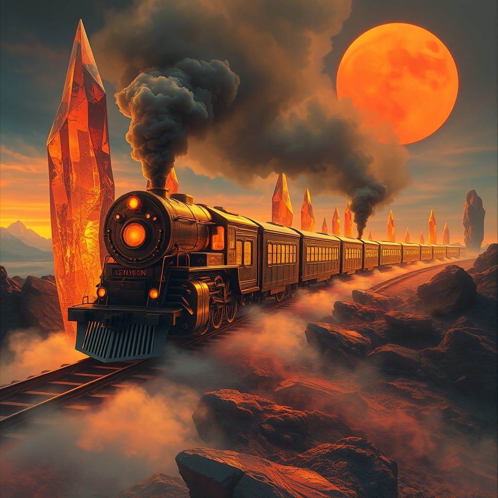 Surreal Train Chugs Through Crystal Dreamscape in Vibrant Hu...