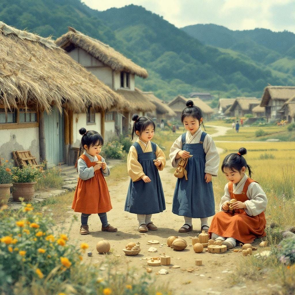 Children Playing in Rural Korean Village, Folk Art Style
