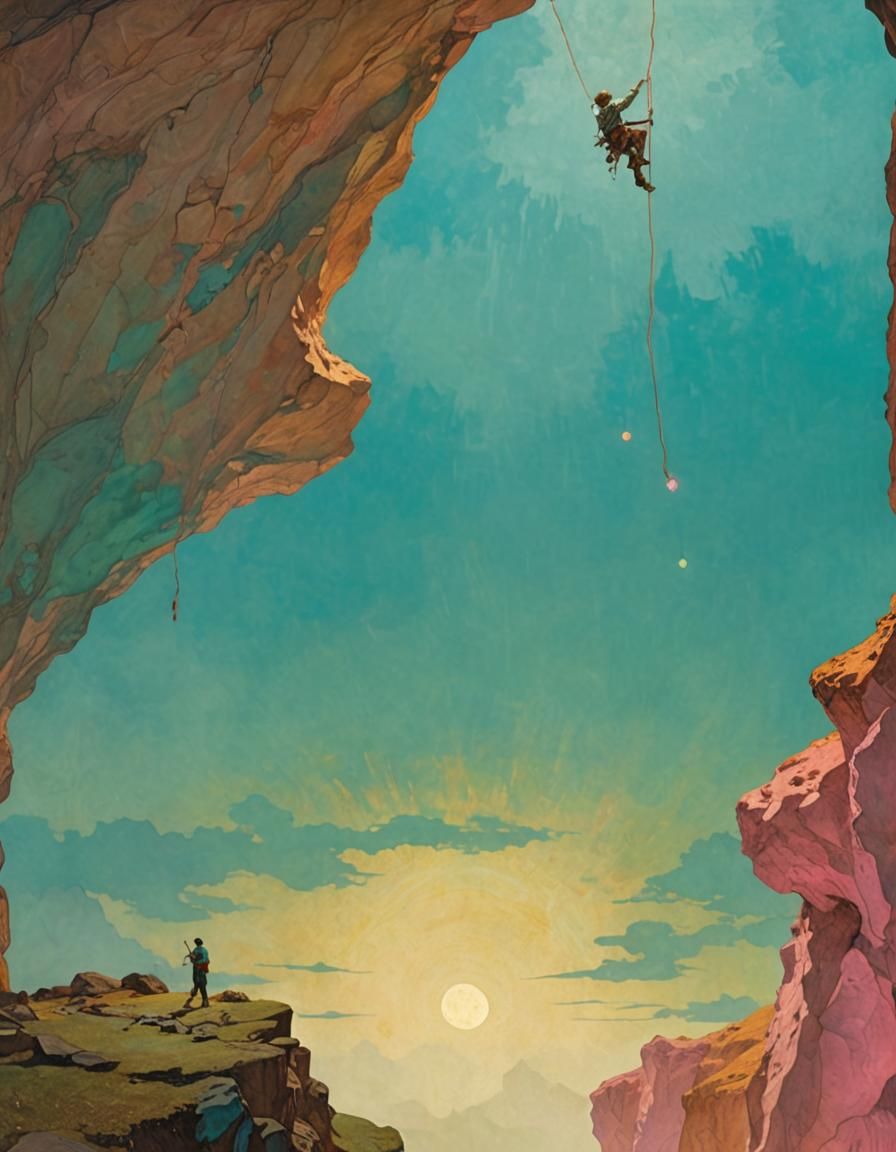 Luminous Figure Climbs Cave, Fantasy Art