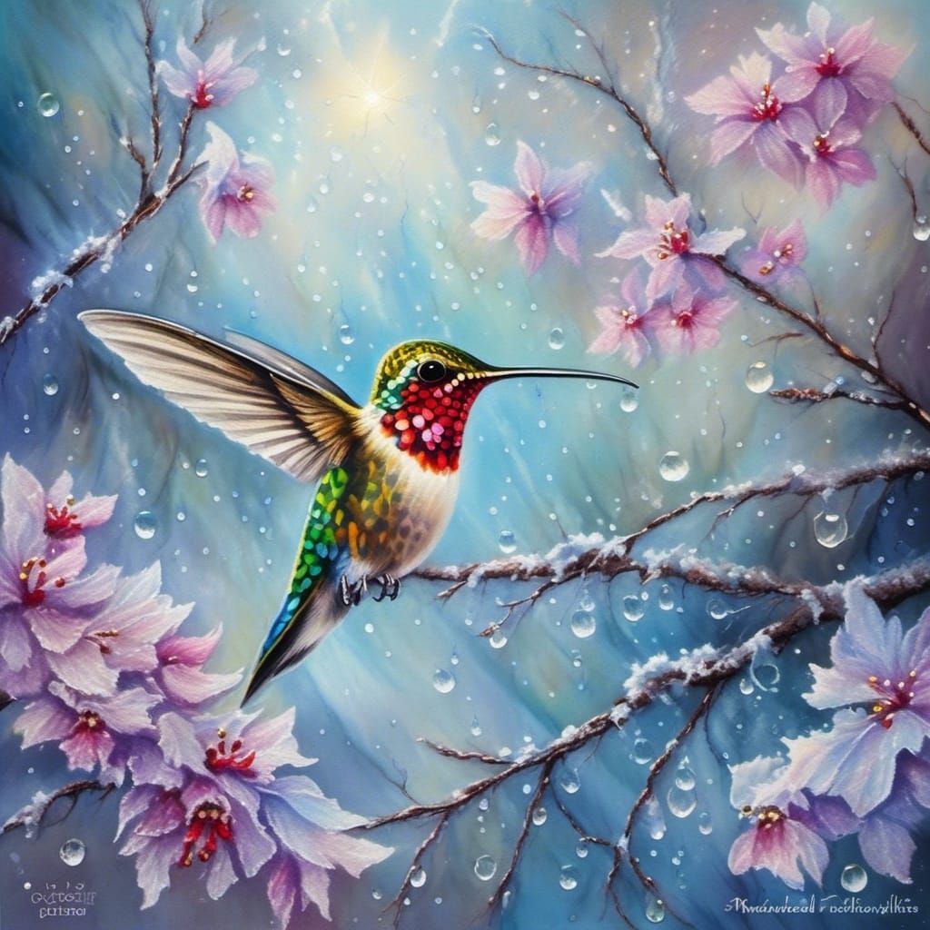 Hummingbird in Frozen Fantasy Landscape