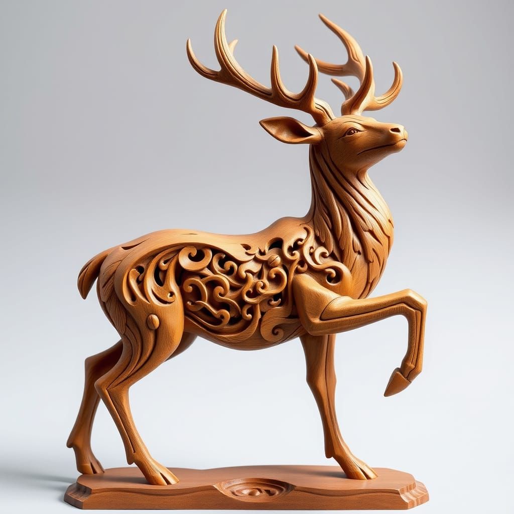 Intricately Carved Wooden Deer Sculpture