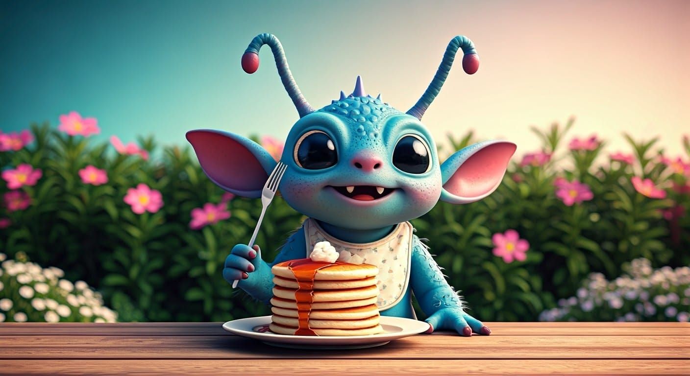 Chibi Alien Monster Ready to Eat Pancakes