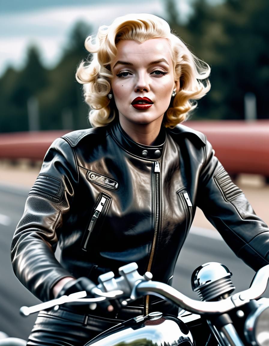 Marilyn Monroe in Leather Suit on Motorcycle