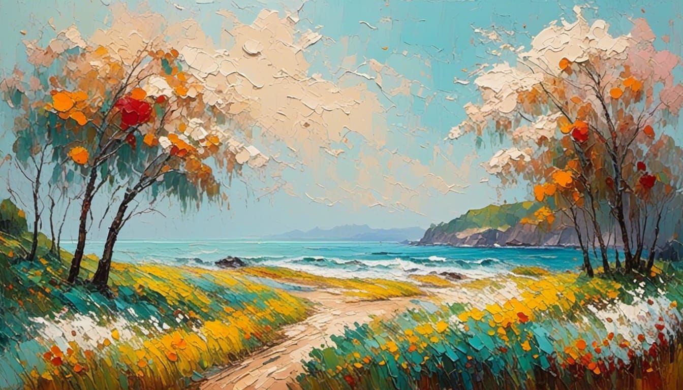 Coastal Beach Scene in Impressionist Impasto Style
