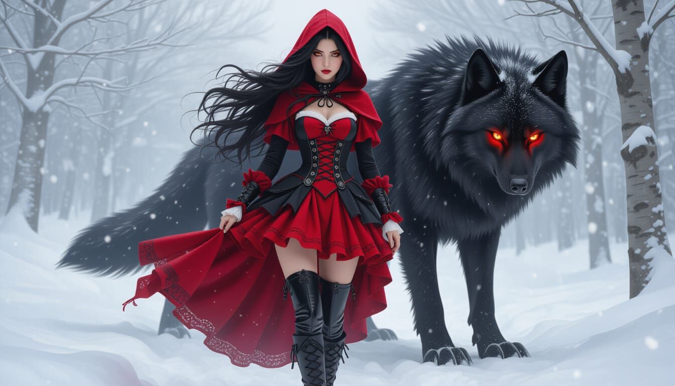 Gothic Red Riding Hood and Giant Black Wolf