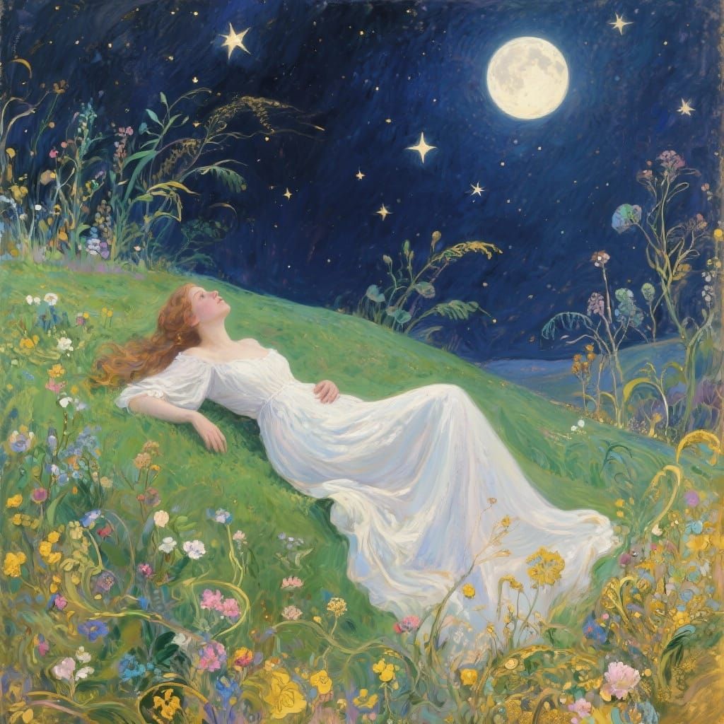 Woman Gazing at Starry Night Sky on Hilltop