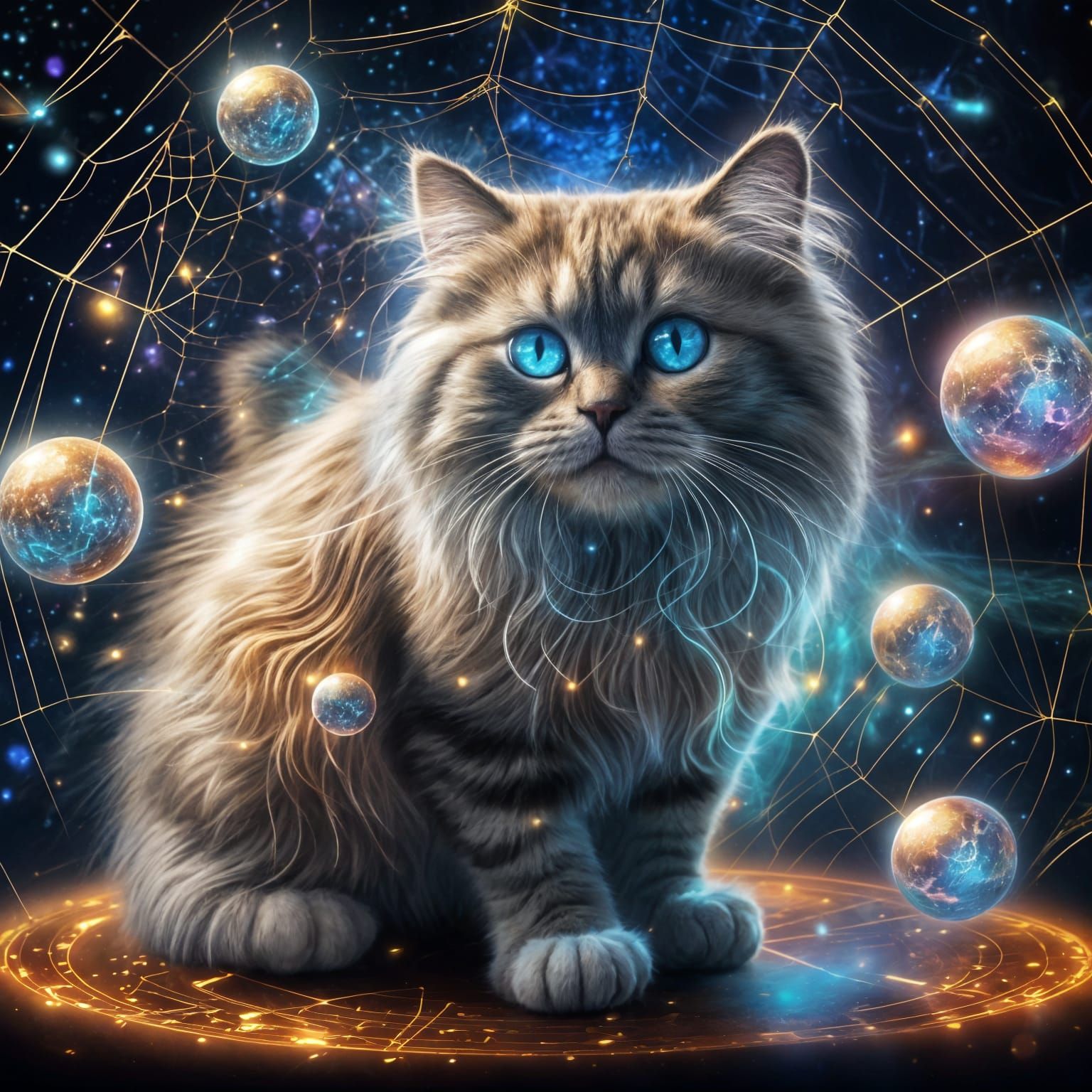 Hyperrealistic Cat Batting Orbs in Cosmic Web