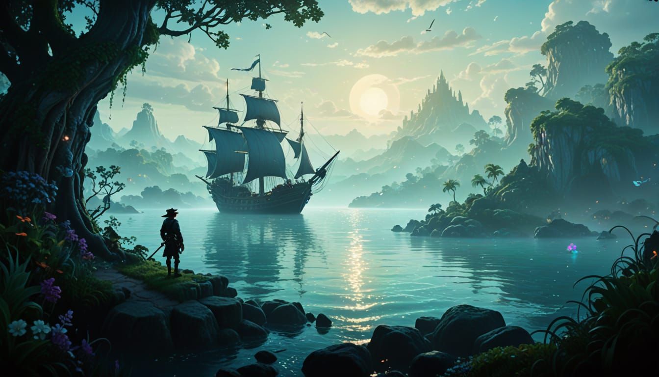 Whimsical Pirate Ship Sails Through Mermaid Lagoon in Enchan...