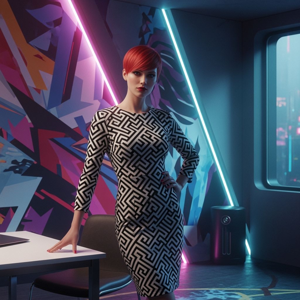Striking Redhead in Futuristic Room, Digital Art