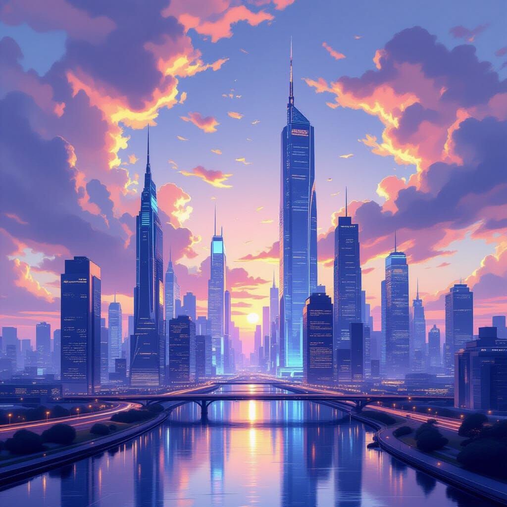 Futuristic Cityscape in Renaissance Oil Painting Style
