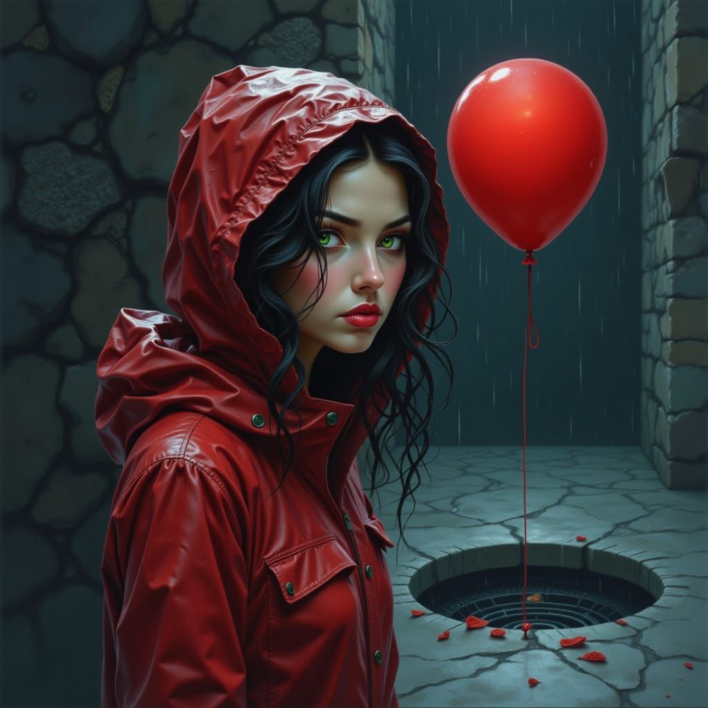 Woman with Button Eyes and Red Raincoat Near Sewer