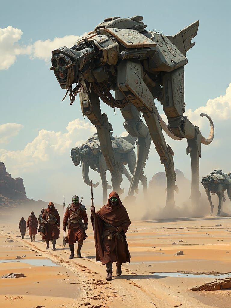 Mech Tribal Nomads in a Futuristic Desert Landscape