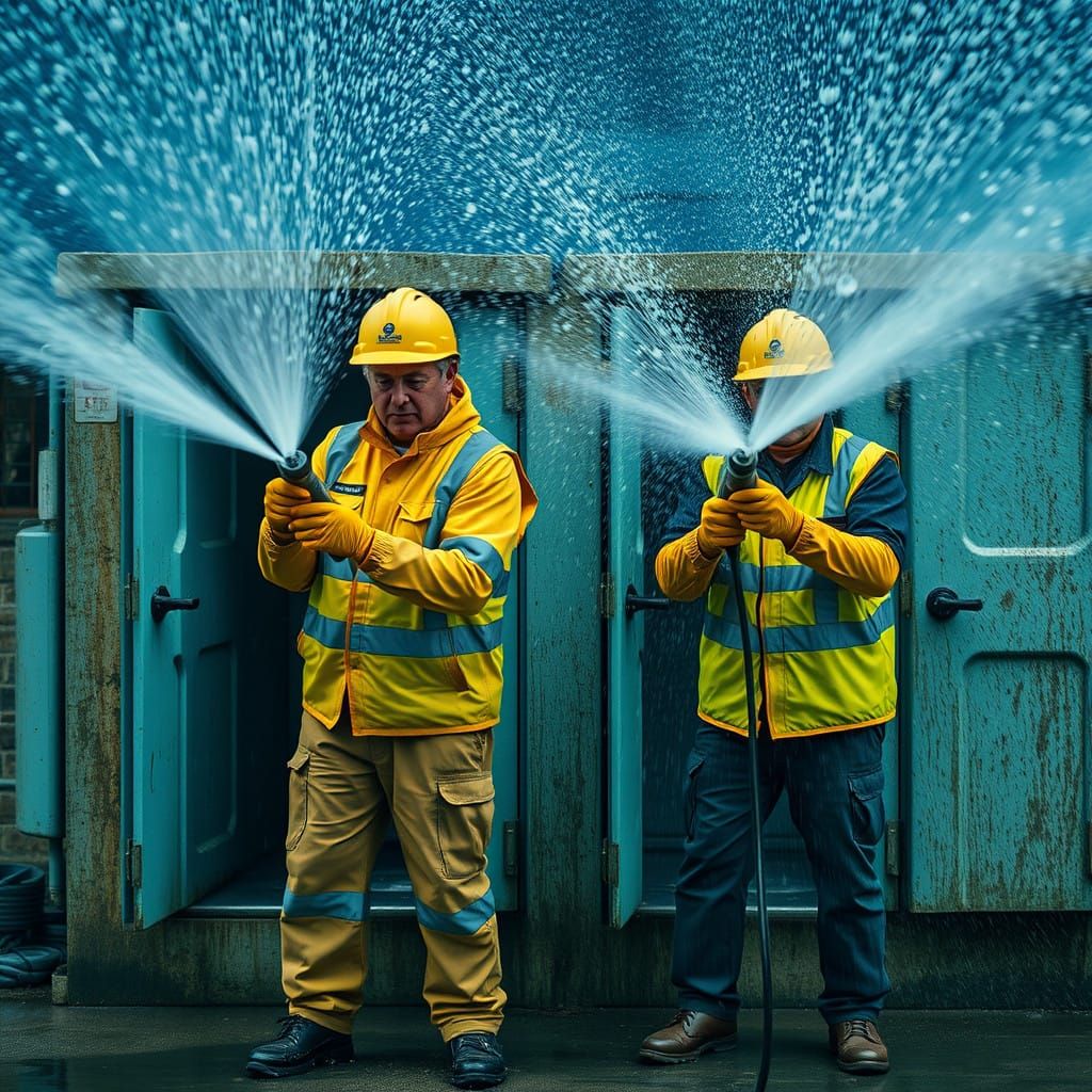Maintenance Workers in High-Visibility Vests Blast Away Grim...