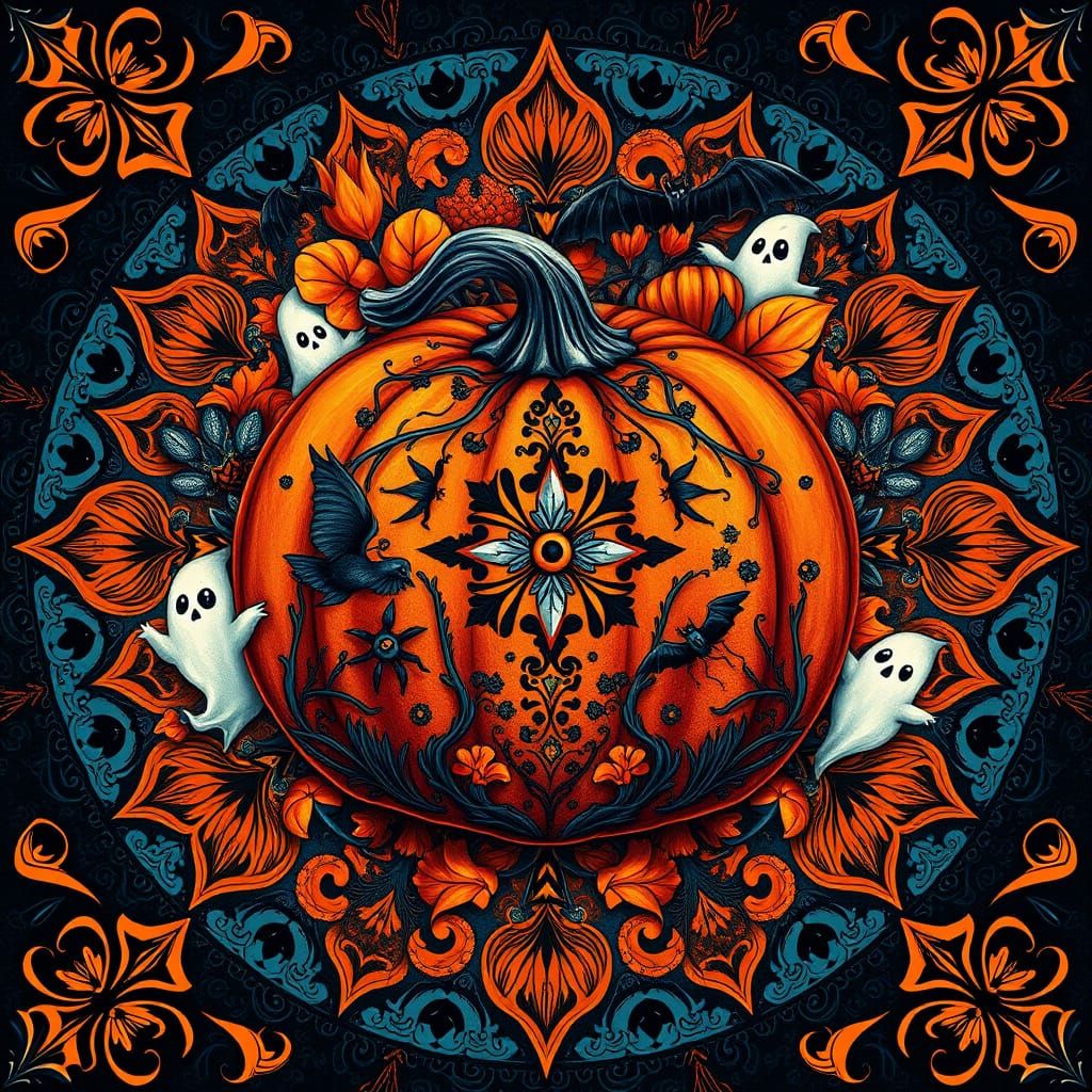 Pumpkin mandala, Halloween theme, illustrations of old engra...