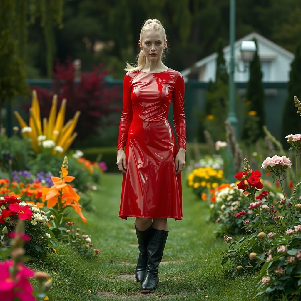 Woman in Red PVC Dress in Realistic Garden