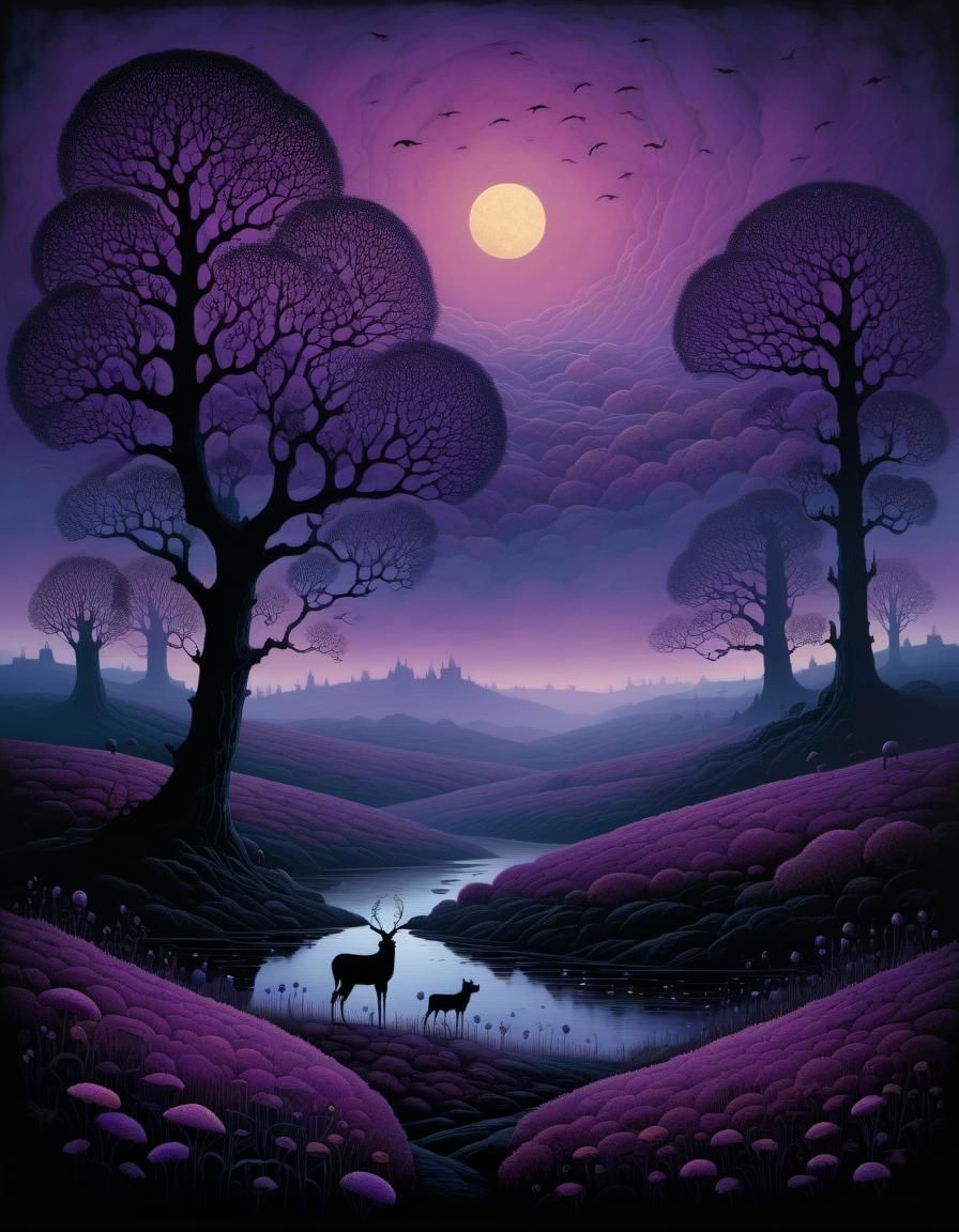 Violet Evening Mist Over Moor: Graphic Novel Style
