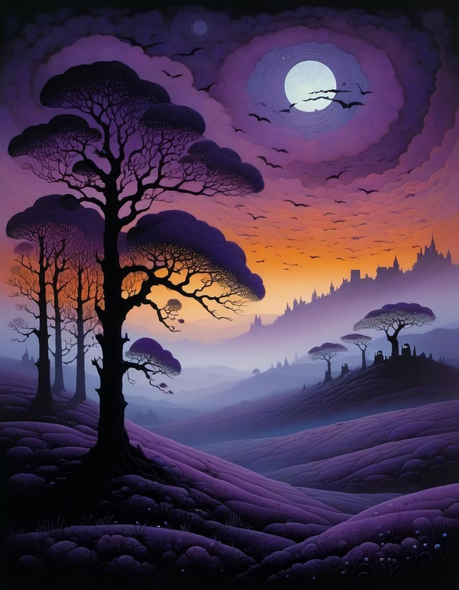 Violet Evening Mist Over Moor, Graphic Novel Art