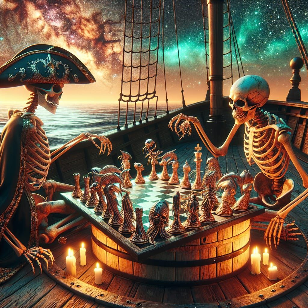 Skeleton Pirates Play Chess Under Starlit Sky