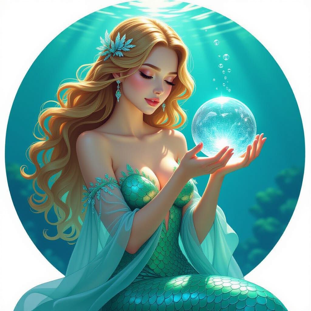 Mermaid Caressing Crystal Ball in Ethereal Style