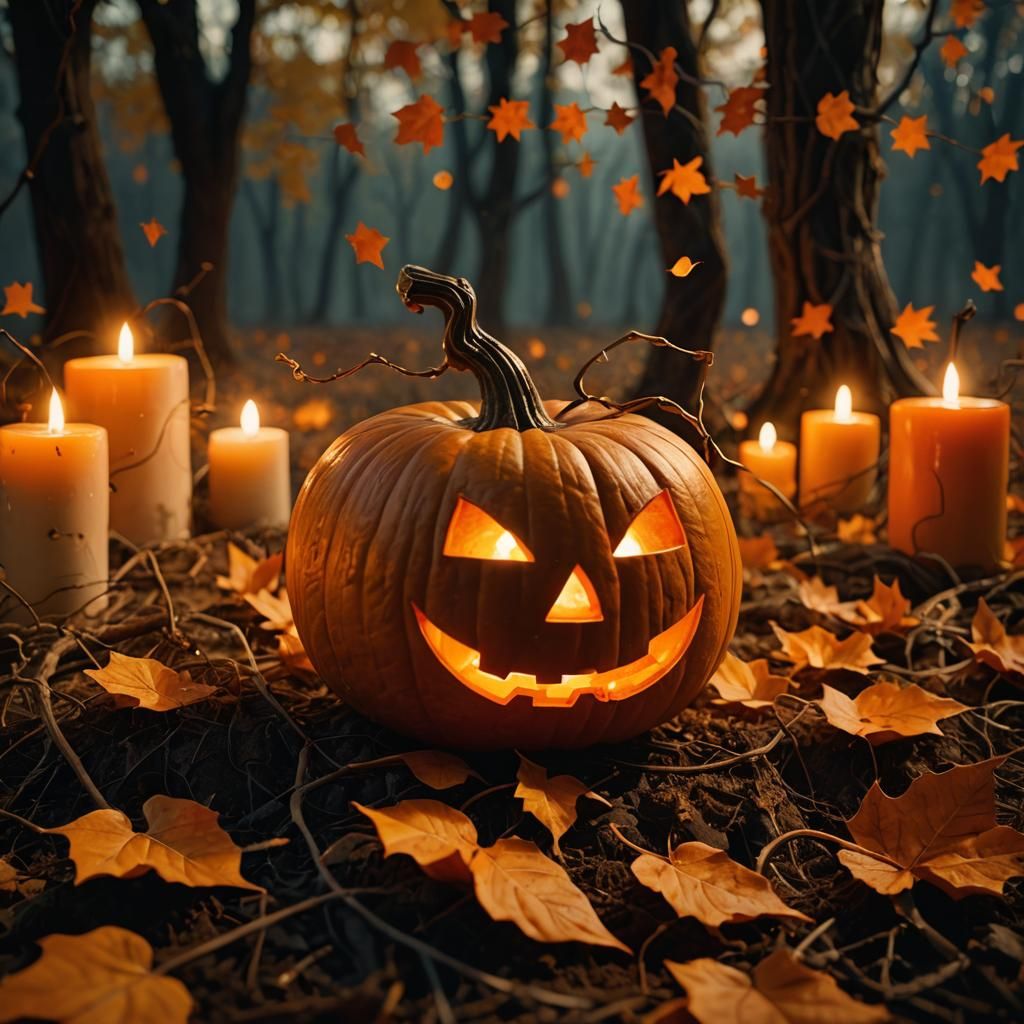 Glowing Jack-o-Lantern in Surreal Autumnal Scene