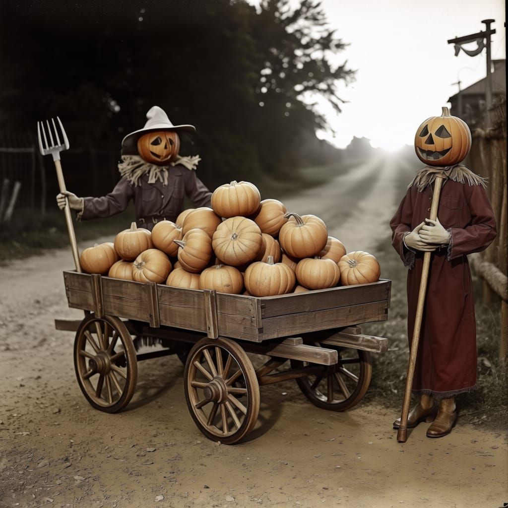 Harvest Bounty: Pumpkins, Scarecrows With Carved Heads