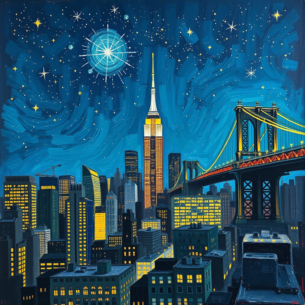 Star-Studded New York City Skyline in Impasto Style
