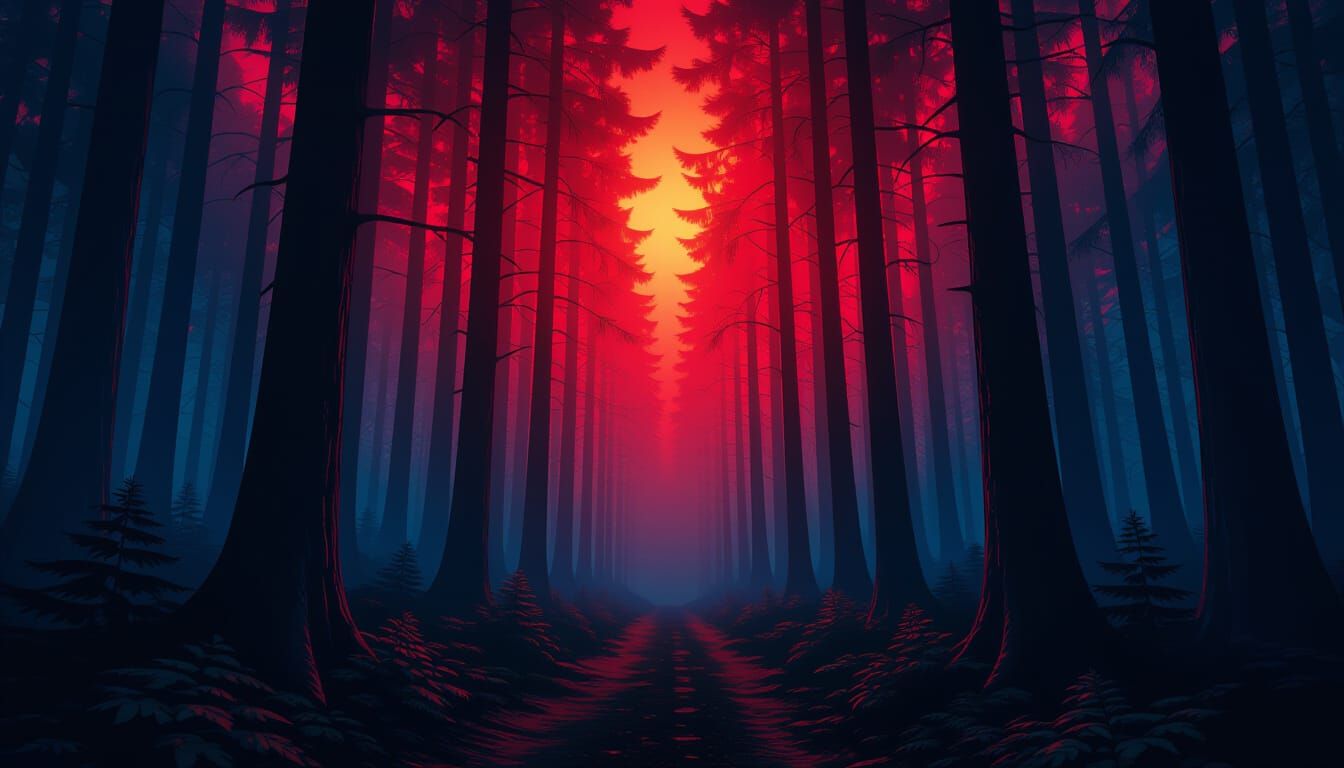 Creepy Red Fog Forest at Night
