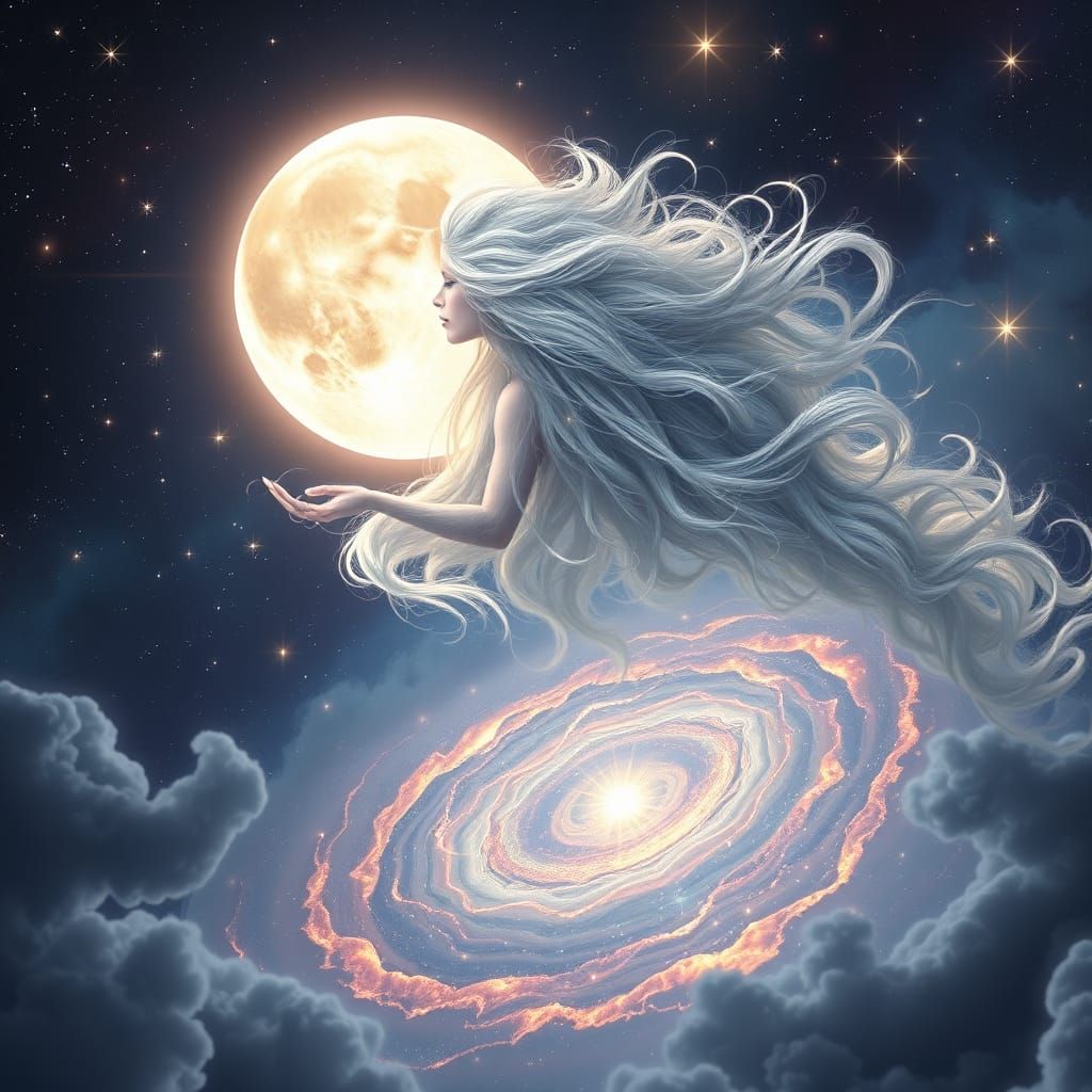 Moon Goddess Above Galaxy Spiral in Cinematic Fantasy Style