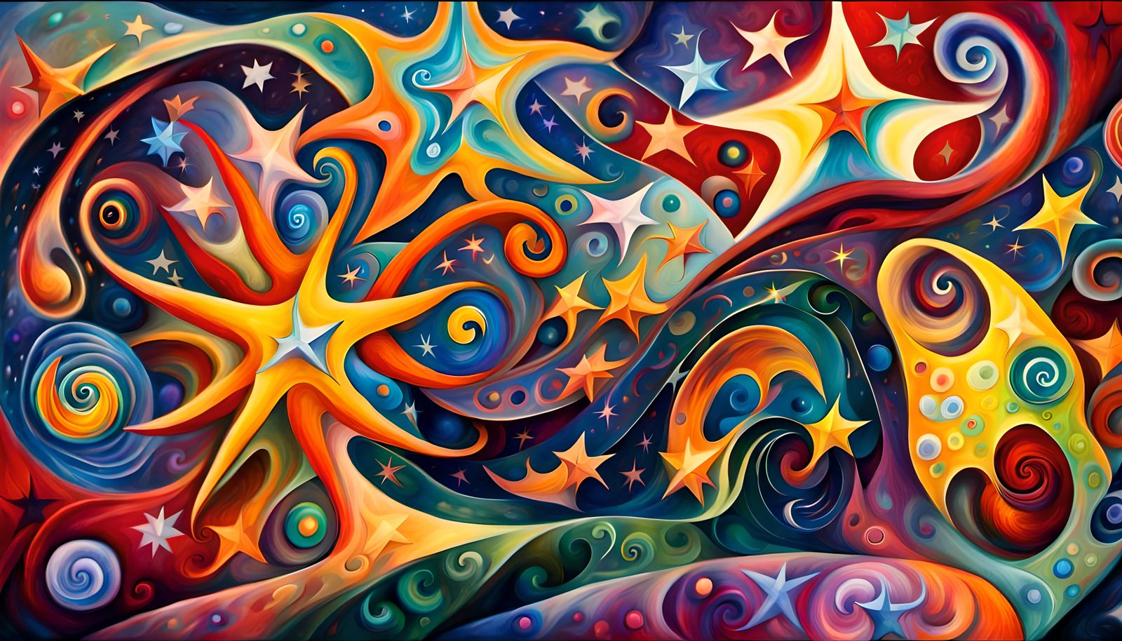 Iridescent Stars Dancing in Cosmic Ballet, Impasto Oil