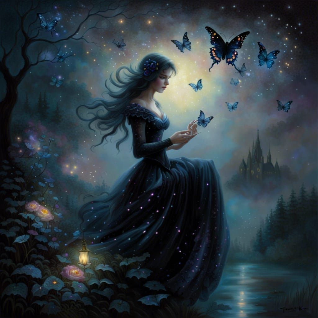 Ethereal Butterfly Sorceress in Starry Landscape
