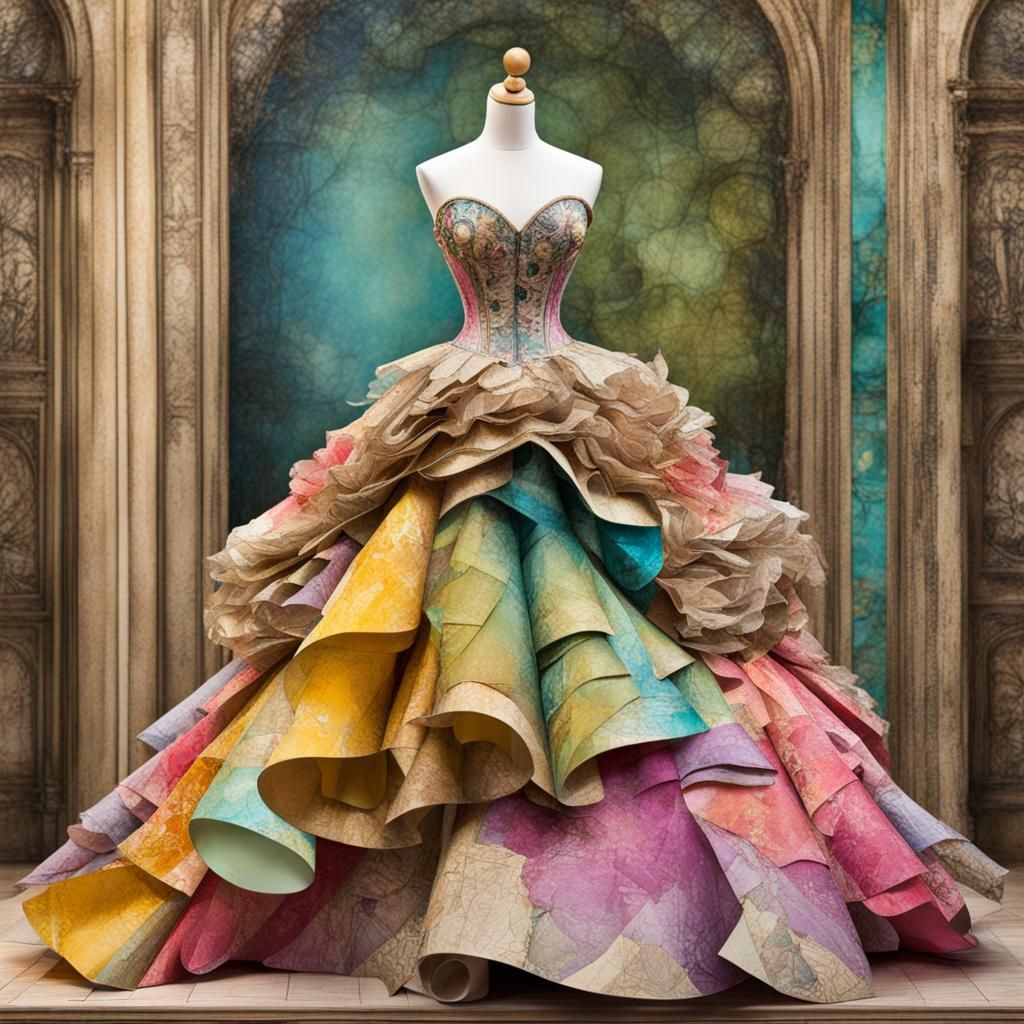 Fine Art Paper Collage Couture Ball Gown on Display Mannequin : Arms Behind Dress : Alexander McQueen Savage Beauty : Vi...