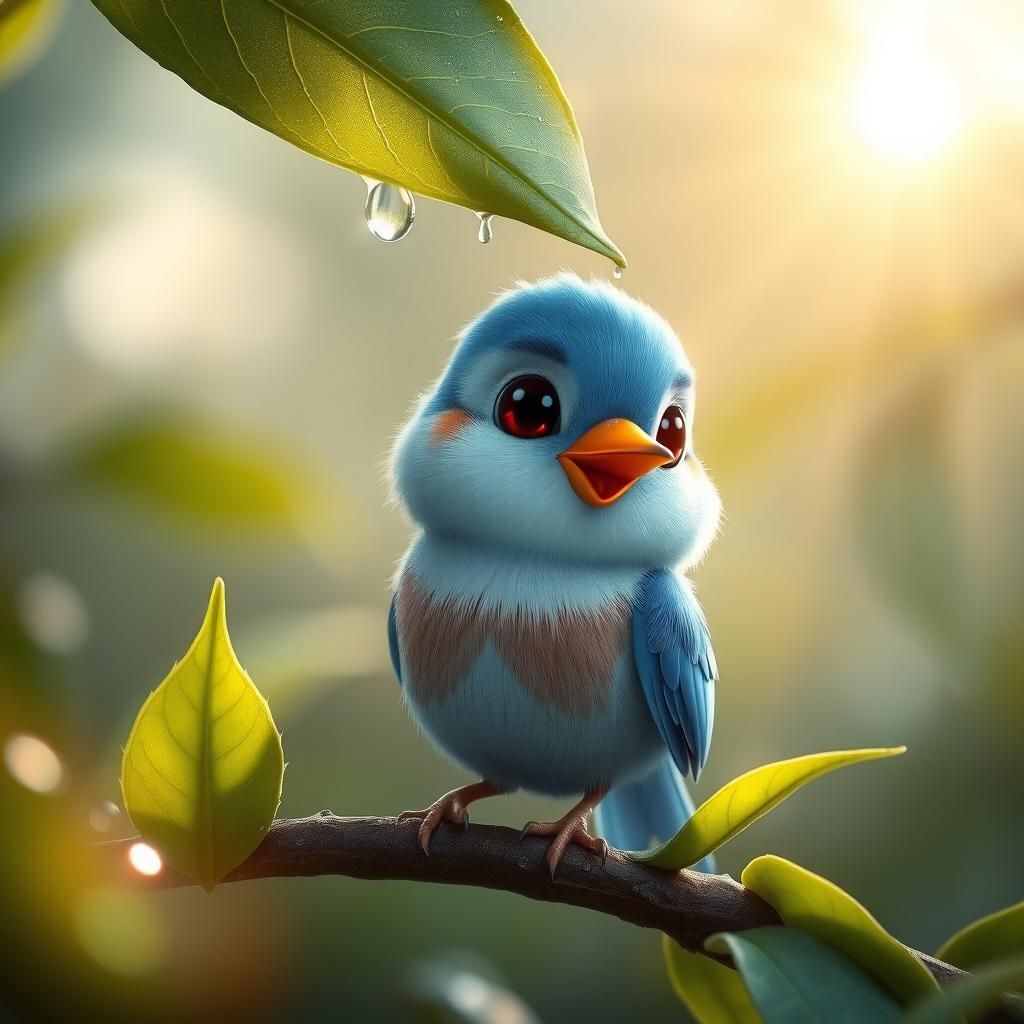 Cute Bluebird Hiding from Rain: CGI Fantasy Art