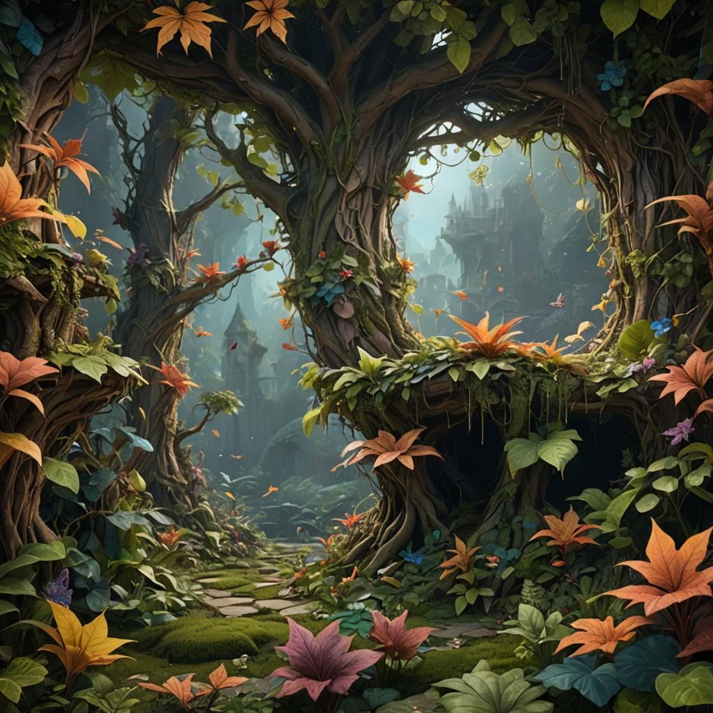 Fairies Habitat in Fantastical Forest, Detailed Matte Painti...