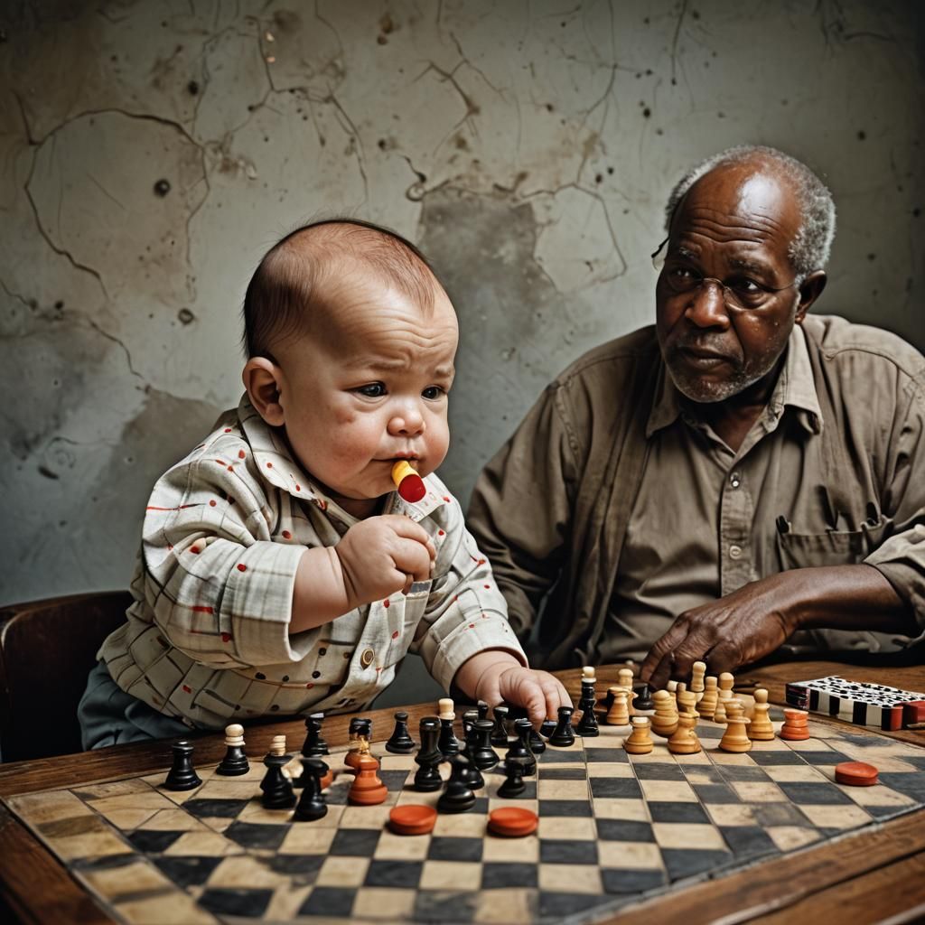 Baby and Old Man Play Checkers on Moon