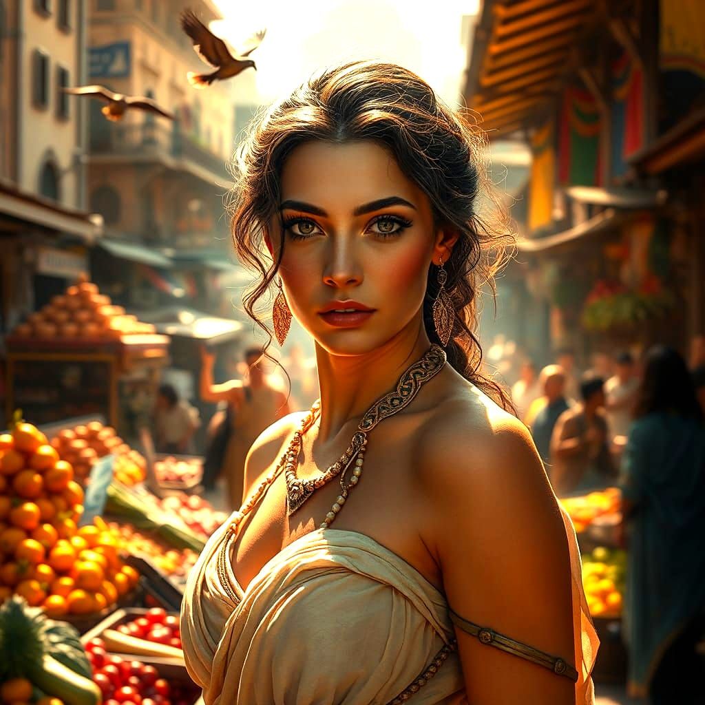 Ancient Greek Women in Colorful City Market