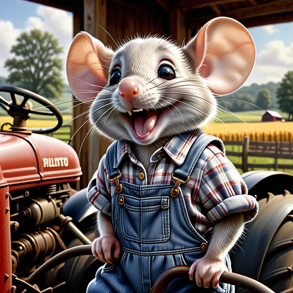 Anthropomorphic Mouse Farmer Driving Tractor