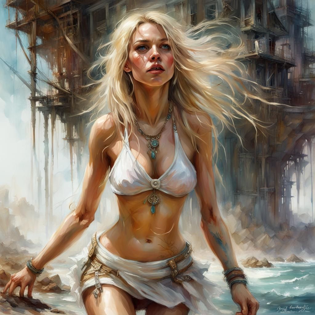 Blonde Woman in White Skirt: Detailed Digital Art