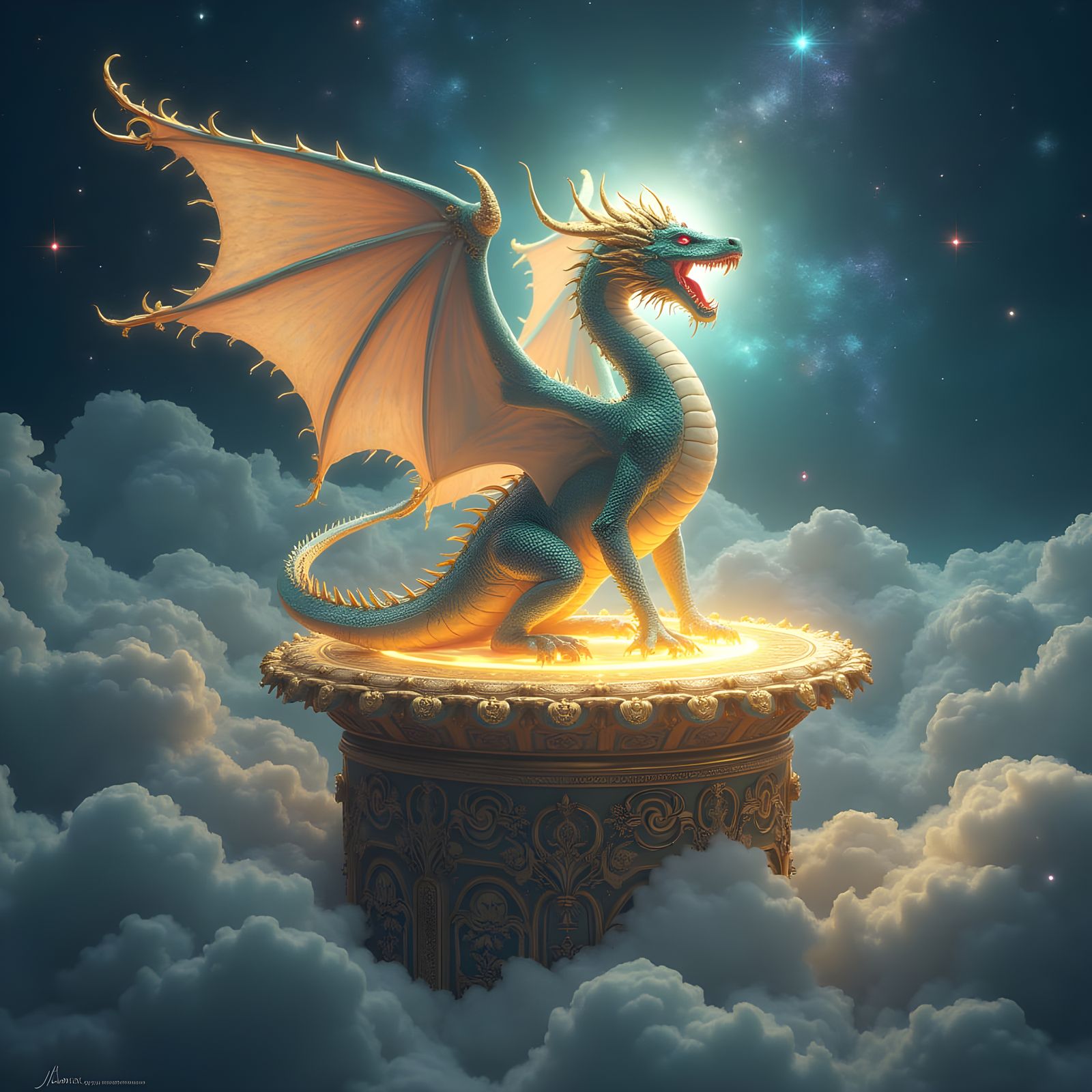 Majestic Divine Dragon on Astral Altar in Hyperrealism