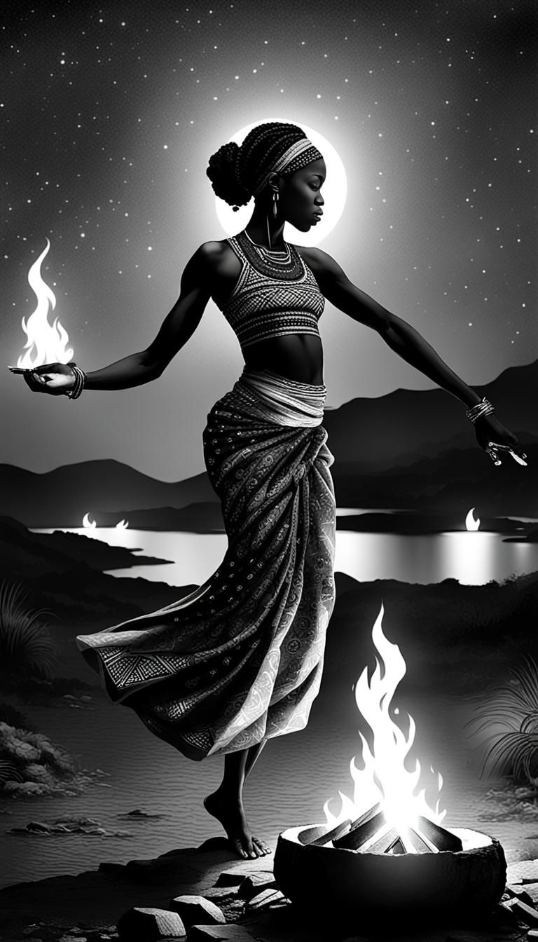 African Woman Dancing by Campfire: Pencil Sketch