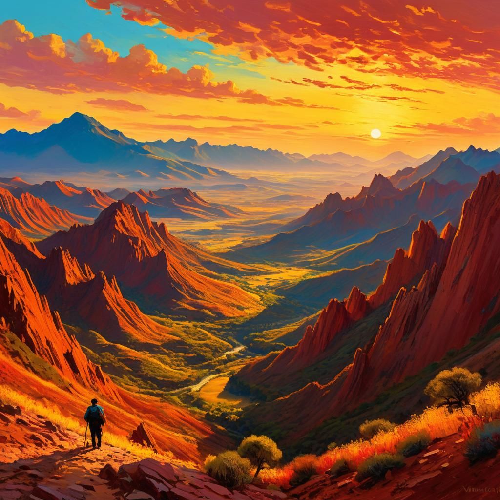 Climbing Danxia Mountains: Vibrant Oil Painting