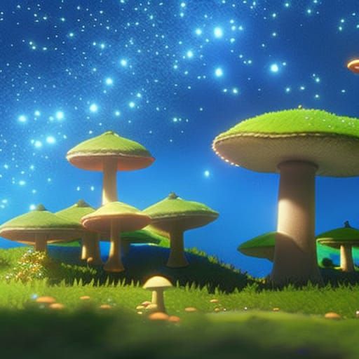 Super Mario and Barbie pizza picnic:Magical mushrooms, herbs topping:Luminous blue tent in the background::Light fairies...