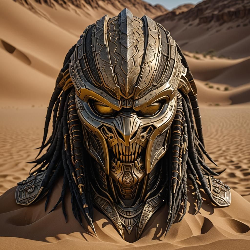 Deformed Alien-Predator Mask in Desert Sand: Hyperrealism