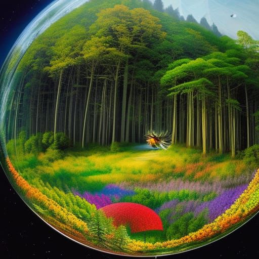 Human-Bird Hybrids Stargazing in a Detailed Digital Art