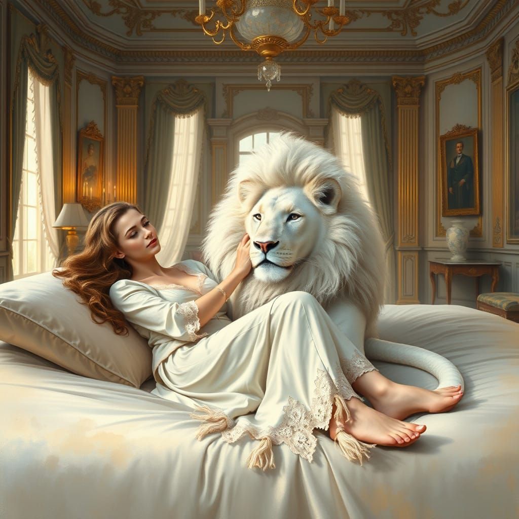 Elegant Lady and White Lion in Gilded Bedroom