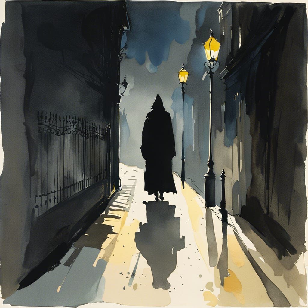 Dark Figure in Shadowy Street, Watercolor Style