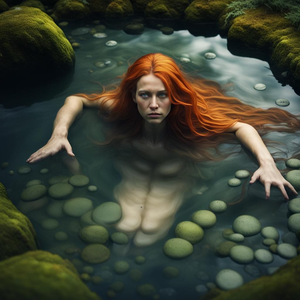 Amber-Haired Woman in Forest Pond: Cinematic Digital Art