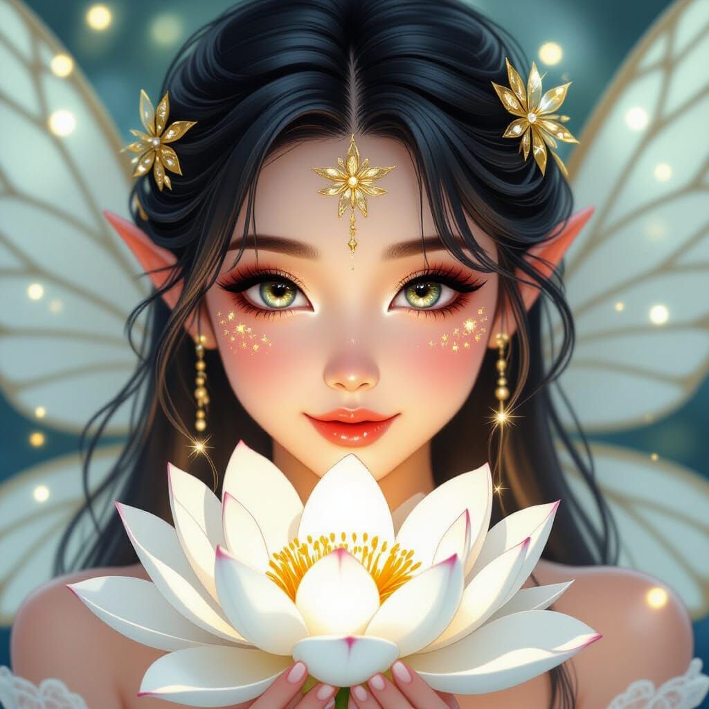 Asian Fairy with Lotus Flower in Hyperrealistic Style