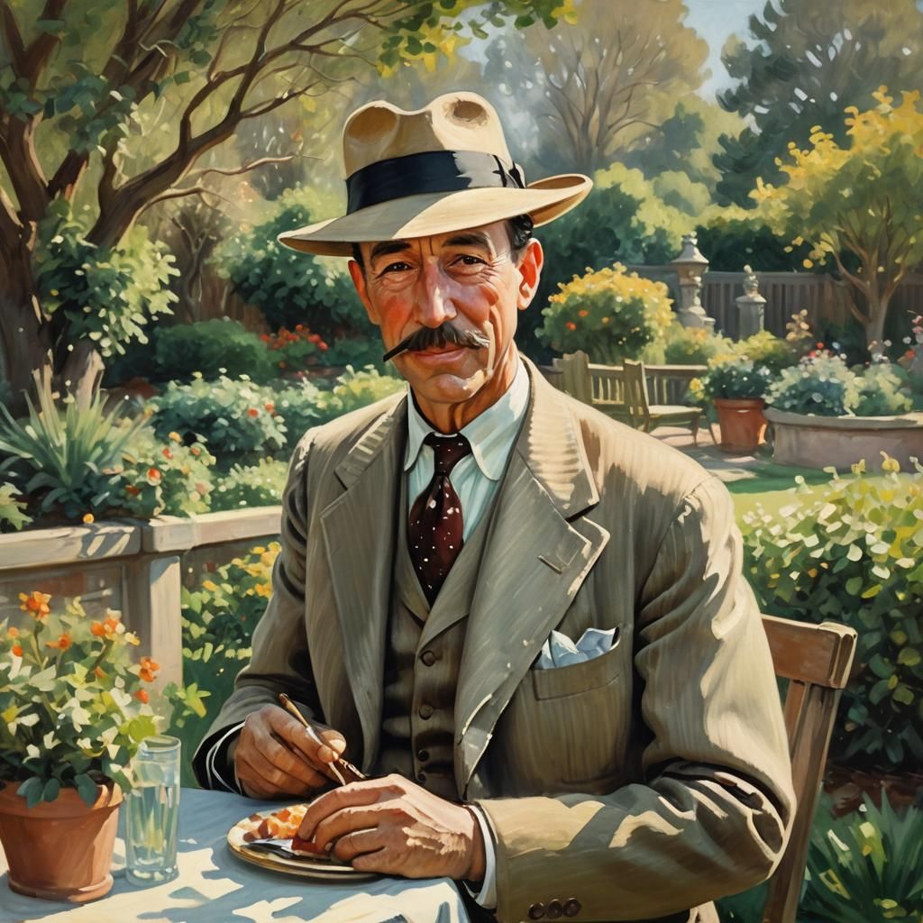 Impressionist Painting of Man in Sunny Garden